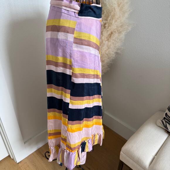 Apiece Apart Feliz Olivio Stripe Asymmetrical Midi Ruffle Linen Silk Skirt Sz 2 - Picture 2 of 10